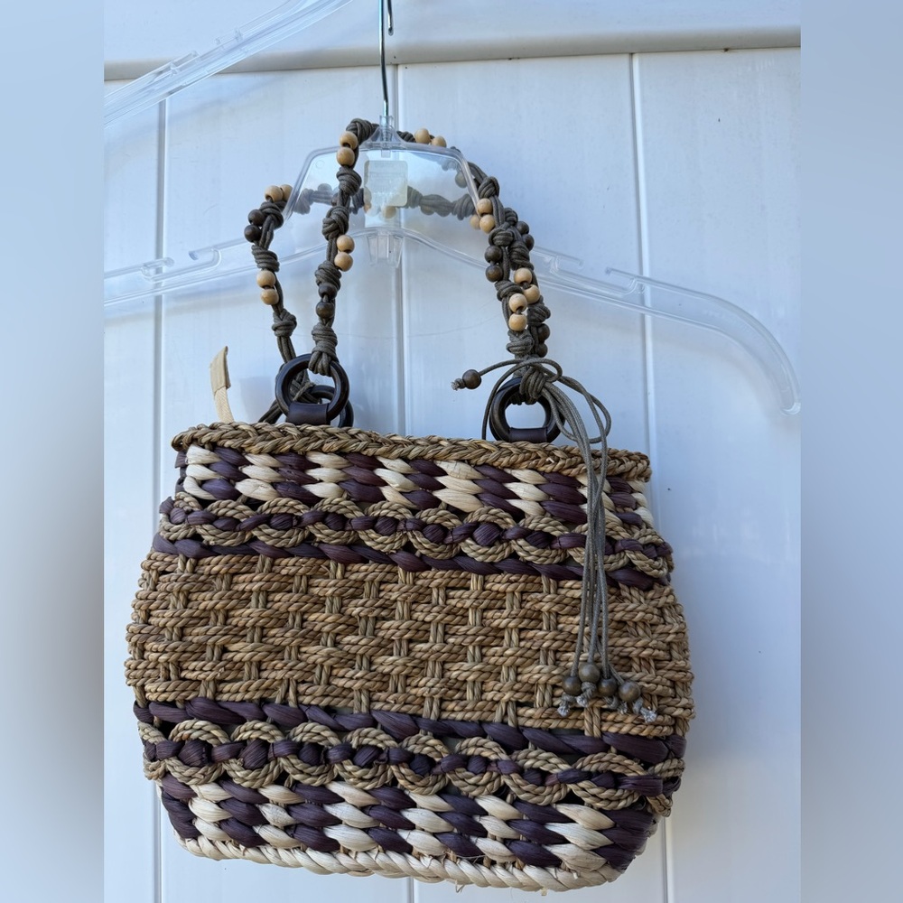 Woven Straw Handbag with Purple Accents
